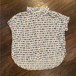 White Short-Sleeve Blouse with Black & Red Bird Pattern